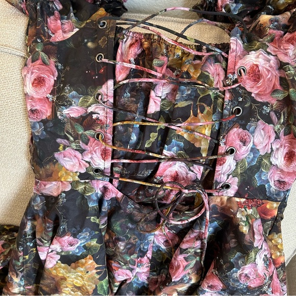 BEST NEW Selkie The Genevieve Foxglove Lace Up Midi Cotton Dress - Black Floral - Picture 8 of 13